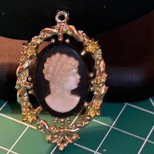 Victorian Revival Gold Tone Baroque Black Cameo Goddess Mourning Pendant